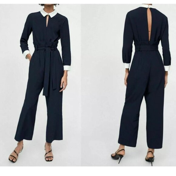 Zara Pants - Zara Jumpsuit Women's Medium  Navy Blue & White With Belt Collared Comfortable